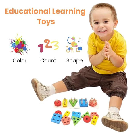 Wooden Shape Sorter Stacking Toy for Toddlers, Multicolour, Geometric Shapes, Montessori, 16 Pieces