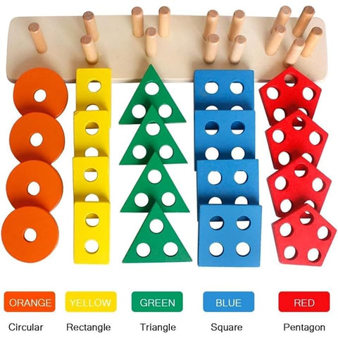 Wooden Shape Sorter Stacking Toy for Toddlers, Multicolour, Geometric Shapes, Montessori, 16 Pieces