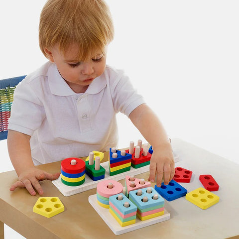 Wooden Shape Sorter Stacking Toy for Toddlers, Multicolour, Geometric Shapes, Montessori, 16 Pieces