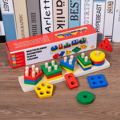 Wooden Shape Sorter Stacking Toy for Toddlers, Multicolour, Geometric Shapes, Montessori, 16 Pieces